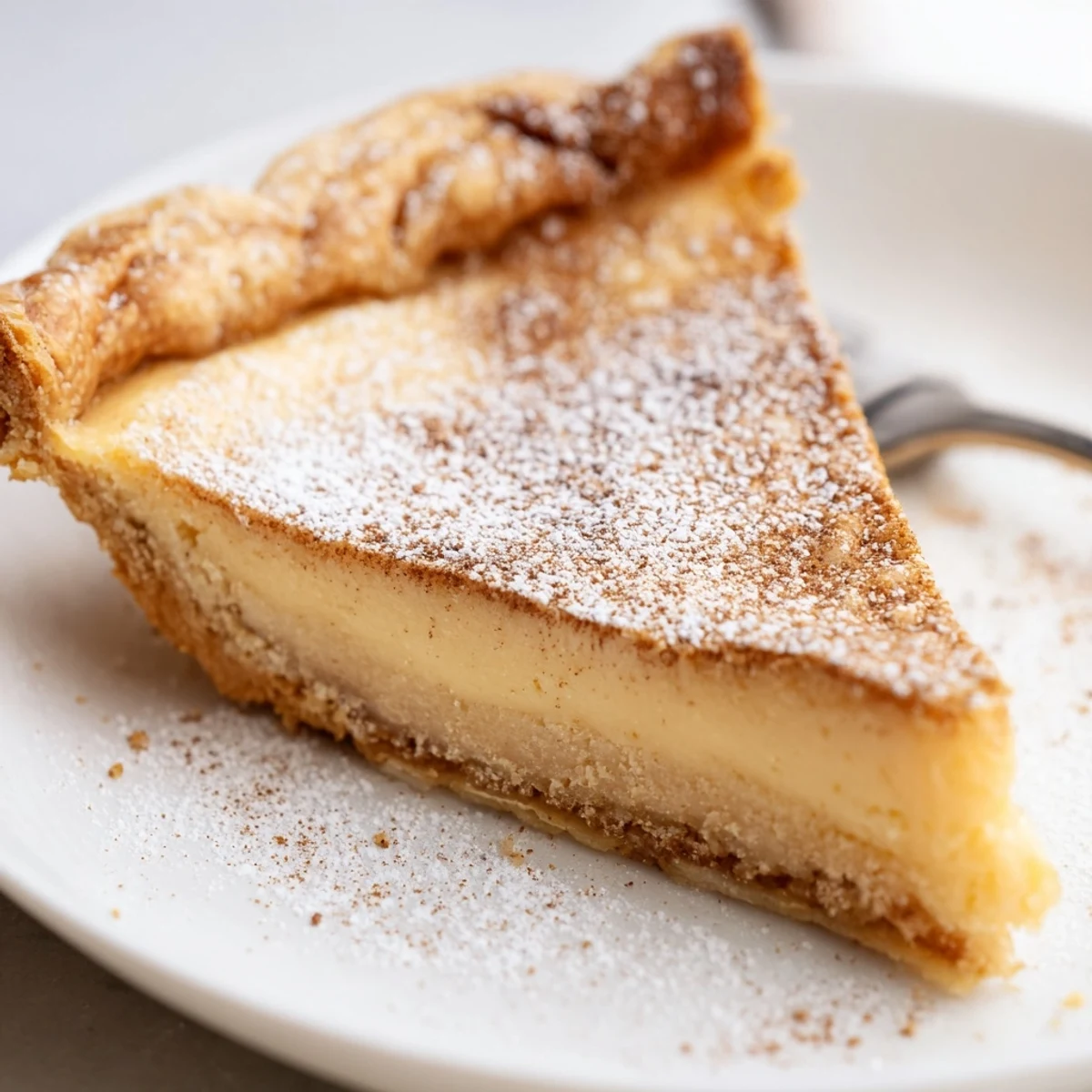 Christmas Eve Custard Pie With Cinnamon Vanilla, glossy golden surface and warm aroma  