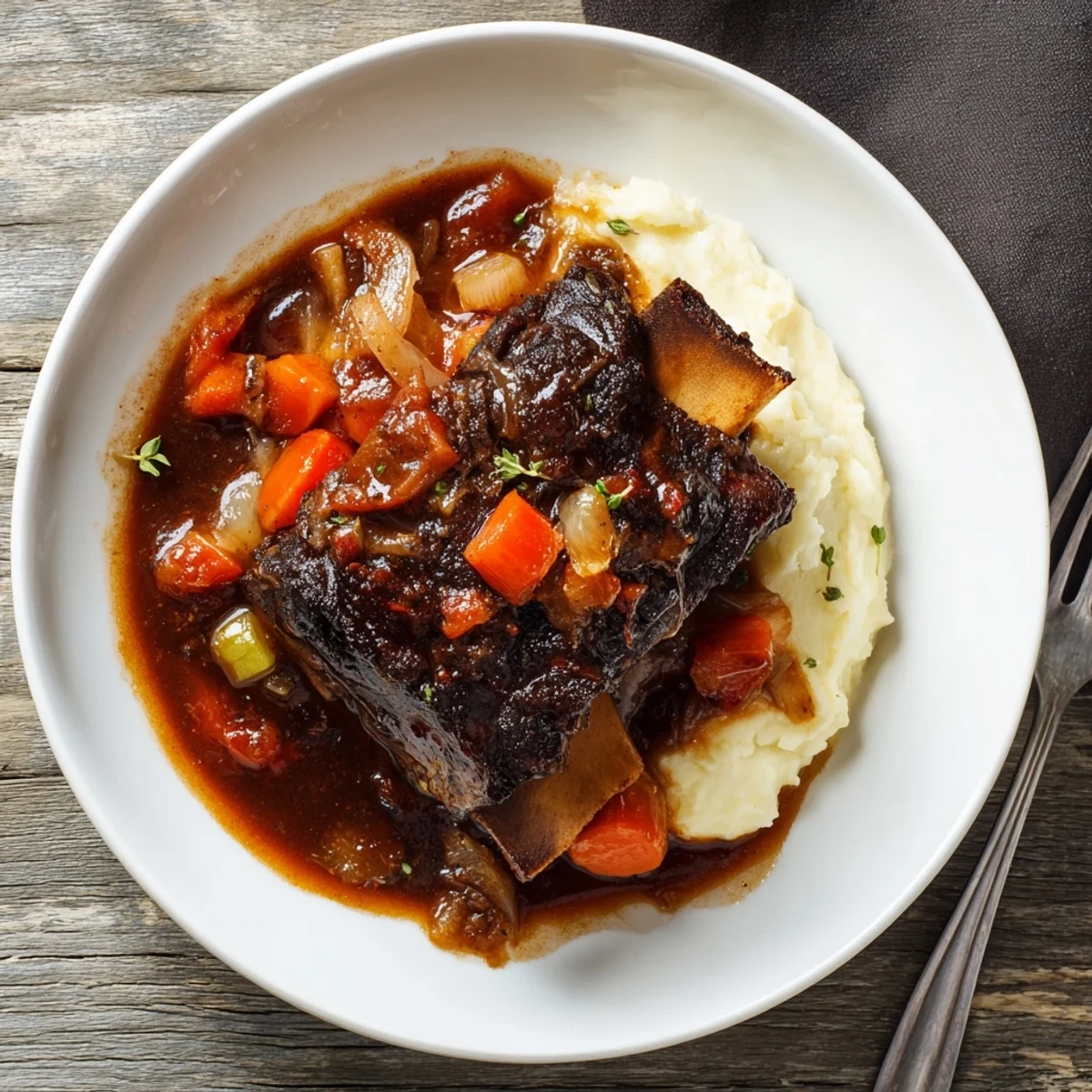 Glistening in rich gravy, Slow Cooker Beef Short Ribs atop creamy polenta