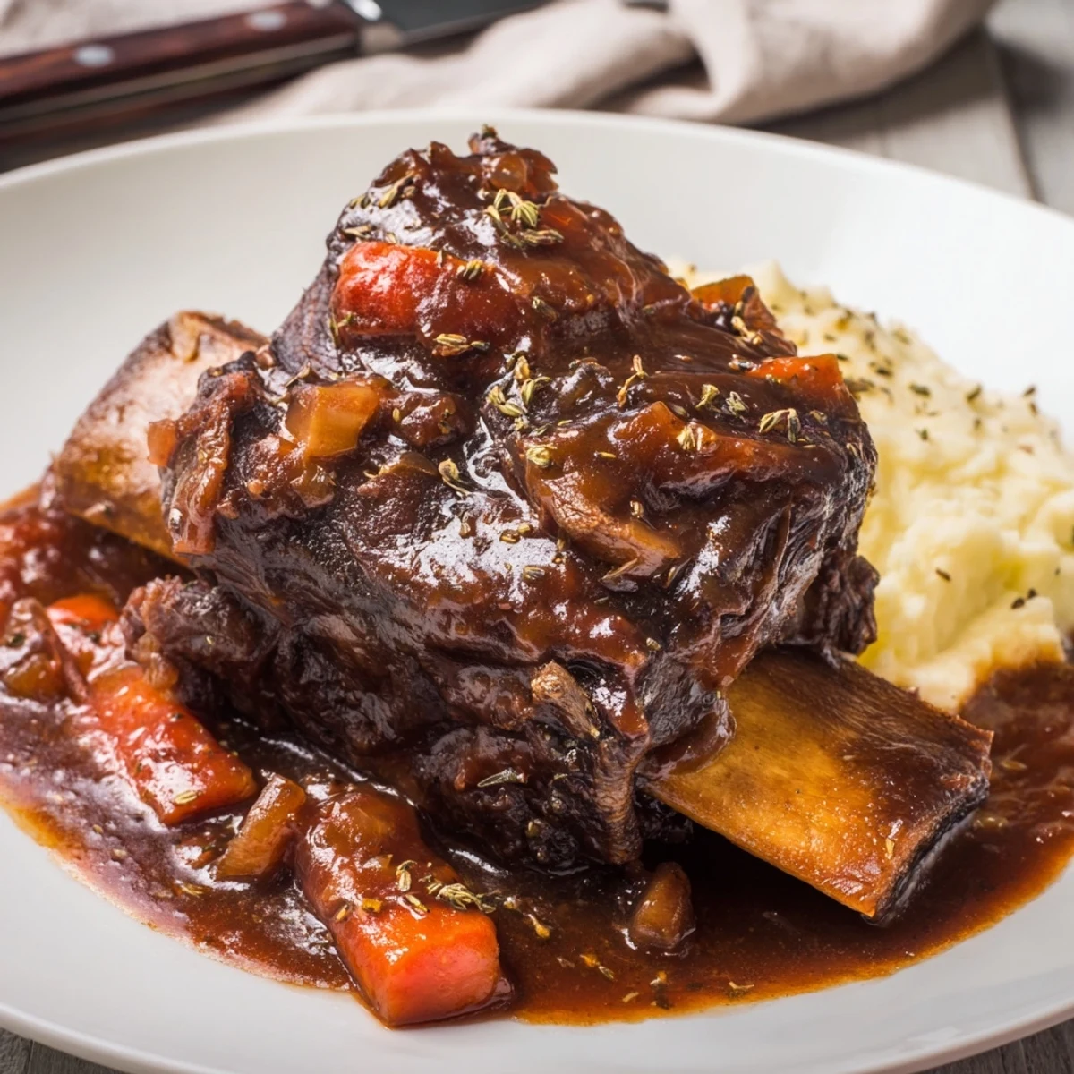 Slow Cooker Beef Short Ribs braised in red wine sauce, served with crusty bread