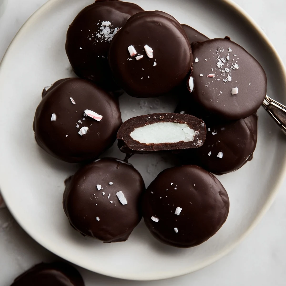 Peppermint Patties glossy dark chocolate coating, cool mint center on parchment
