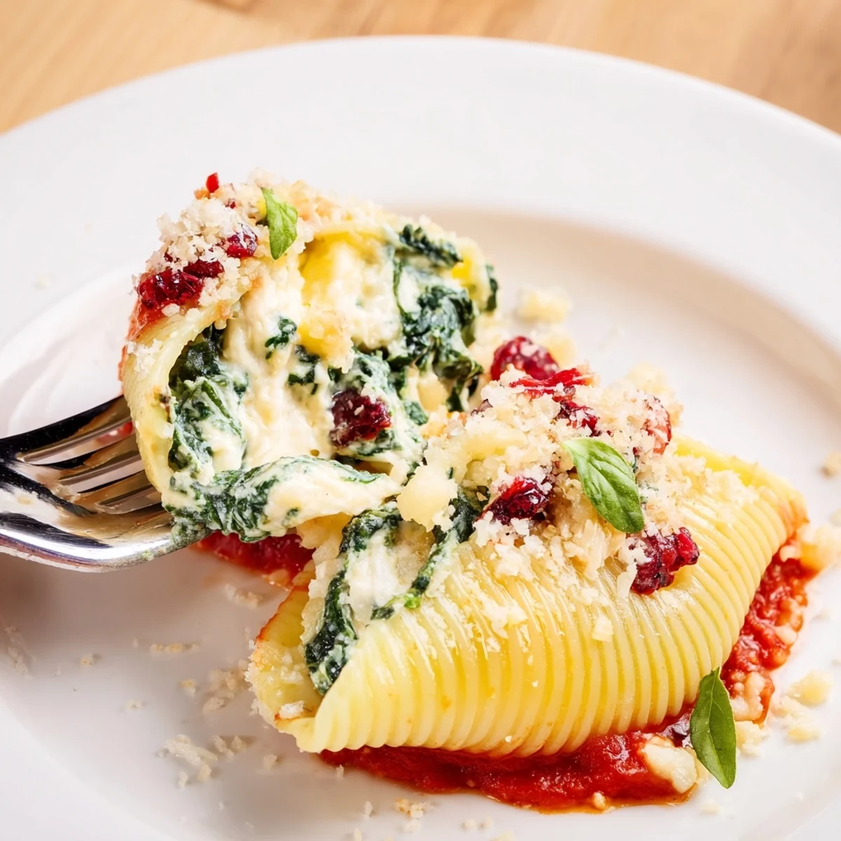 Baked Festive Christmas Stuffed Pasta arranged in dish, golden cheese, fresh basil garnish