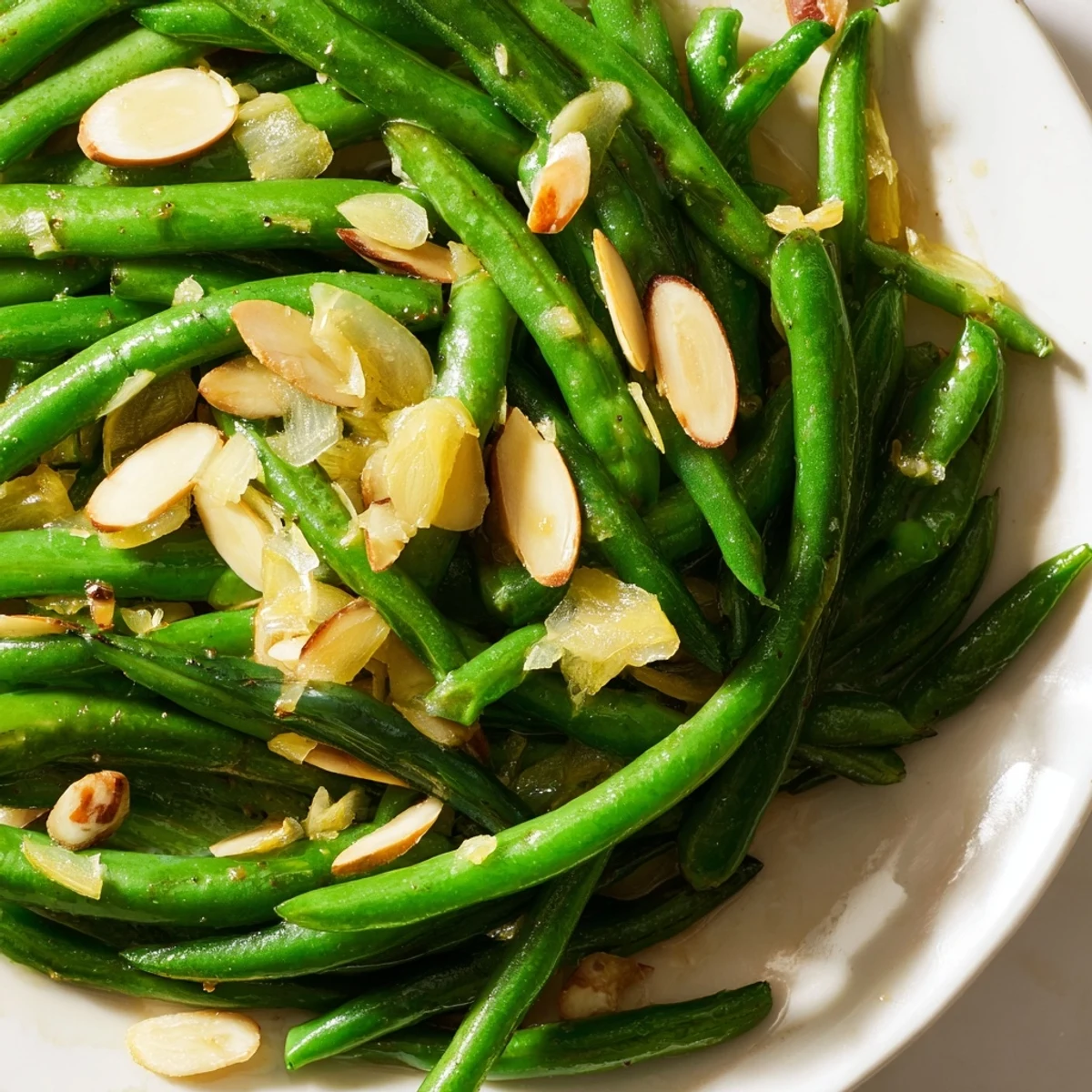 Fresh green beans sautéed with garlic in olive oil, vibrant and tender on a white serving plate.