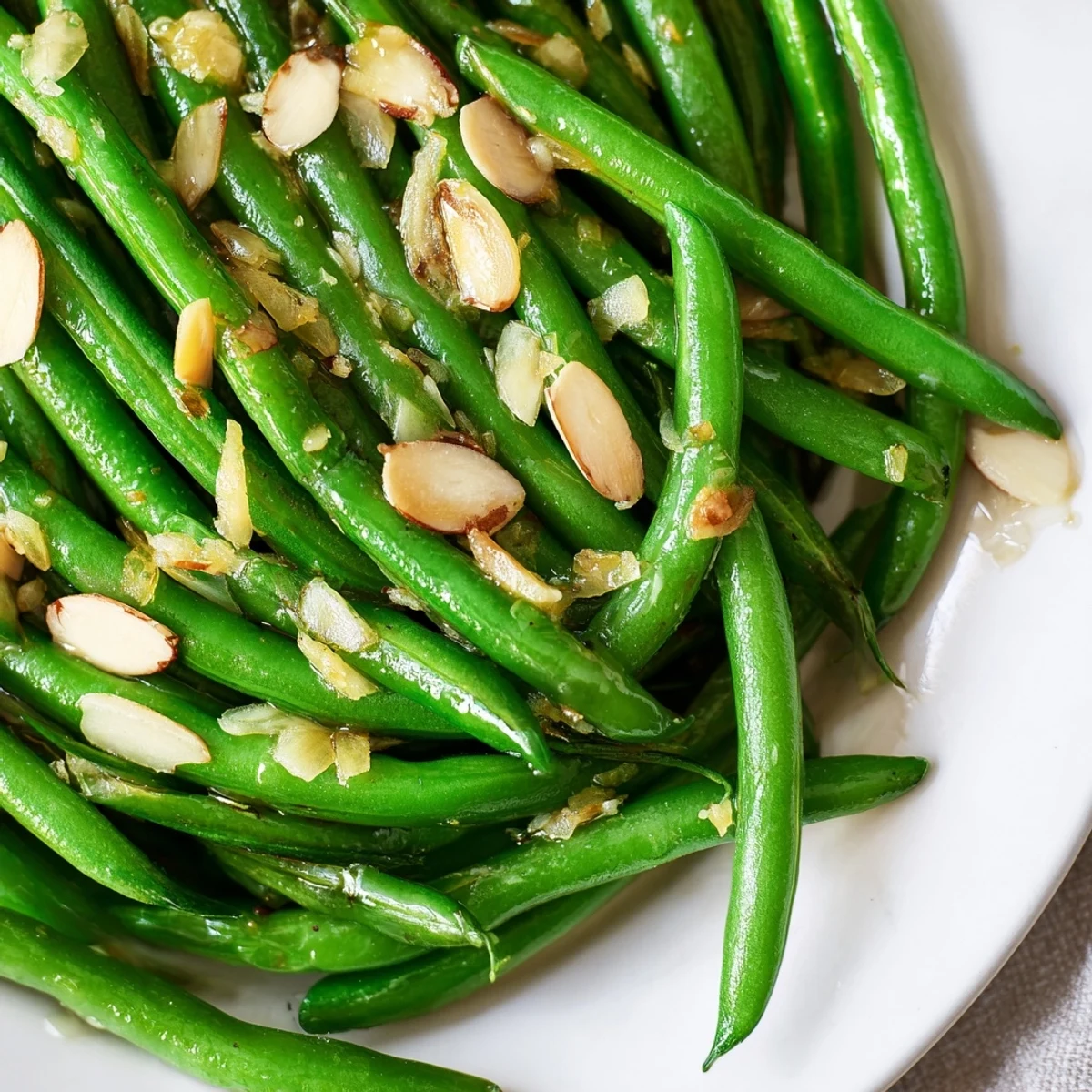Crisp garlic green beans glistening with olive oil, sprinkled with toasted almonds and lemon wedges.