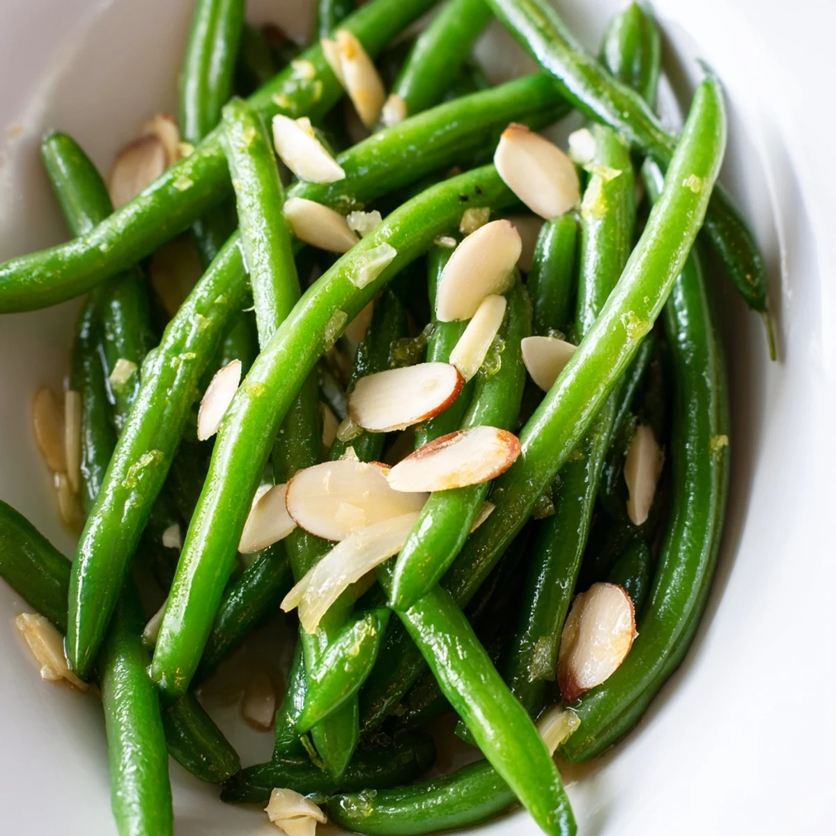Close-up of sautéed green beans tossed with sliced garlic, seasoned with sea salt and black pepper.