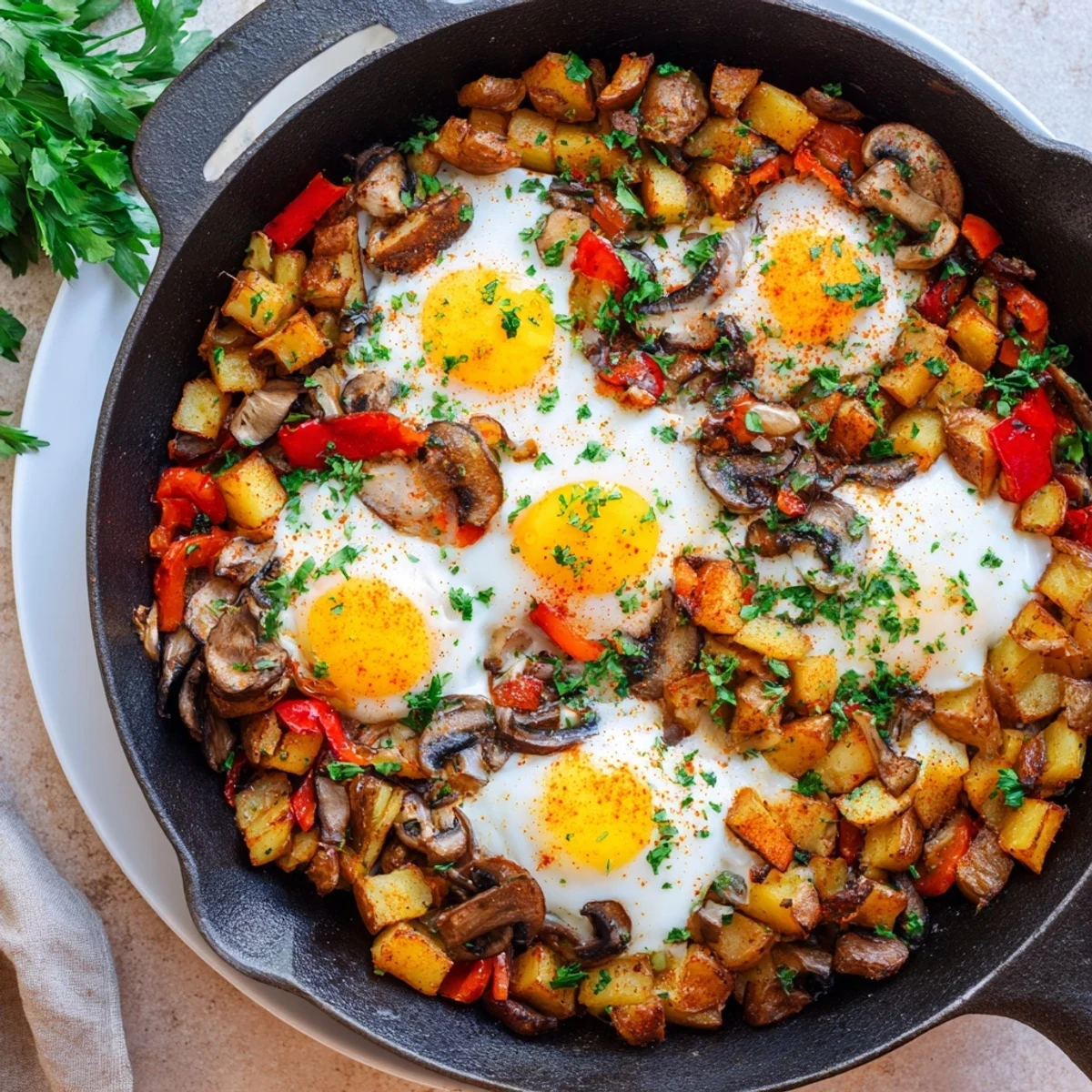 Golden skillet breakfast hash with eggs featuring crispy potatoes and colorful vegetables