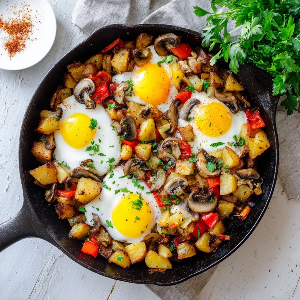 Savory breakfast hash with eggs topped with fresh parsley in a cast iron pan