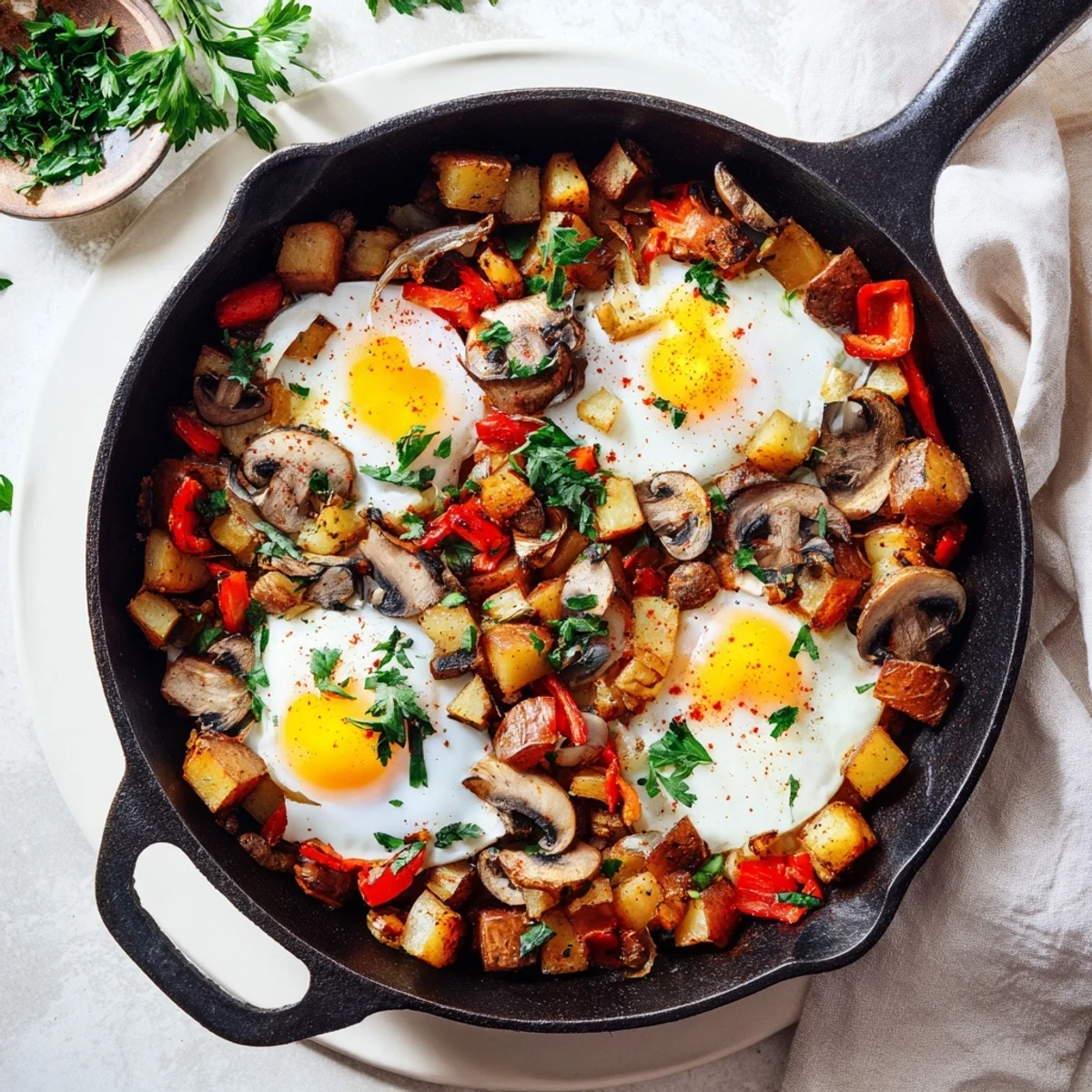 One pan breakfast hash with eggs showcasing perfectly cooked yolks over seasoned vegetables