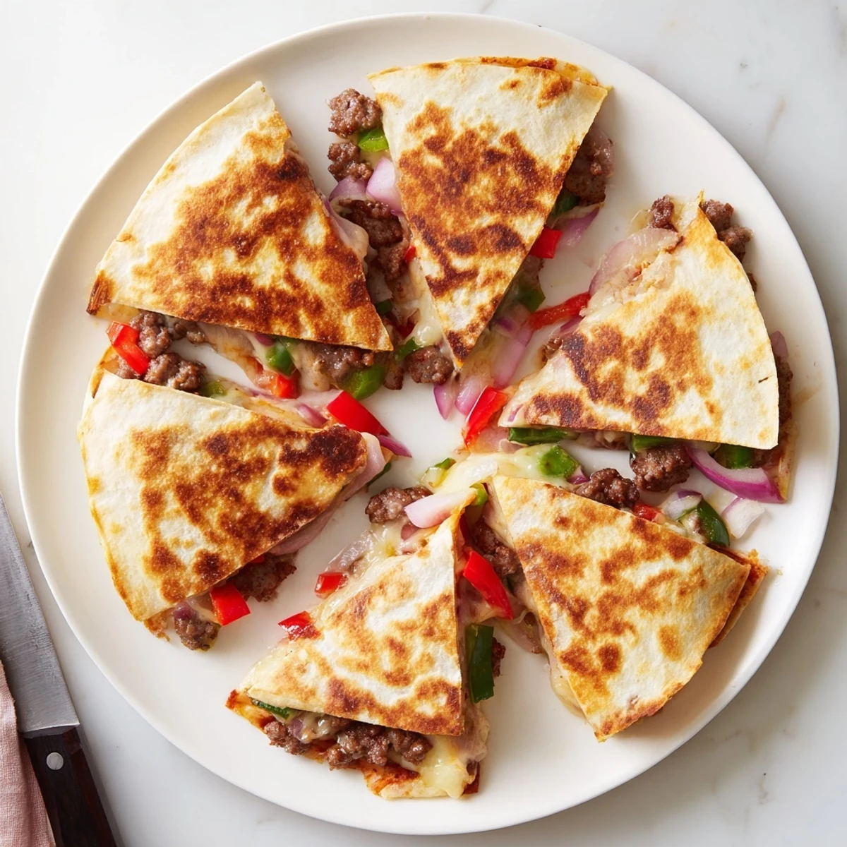 Sliced quesadilla wedges revealing spiced beef sausage peppers and gooey melted cheese layers