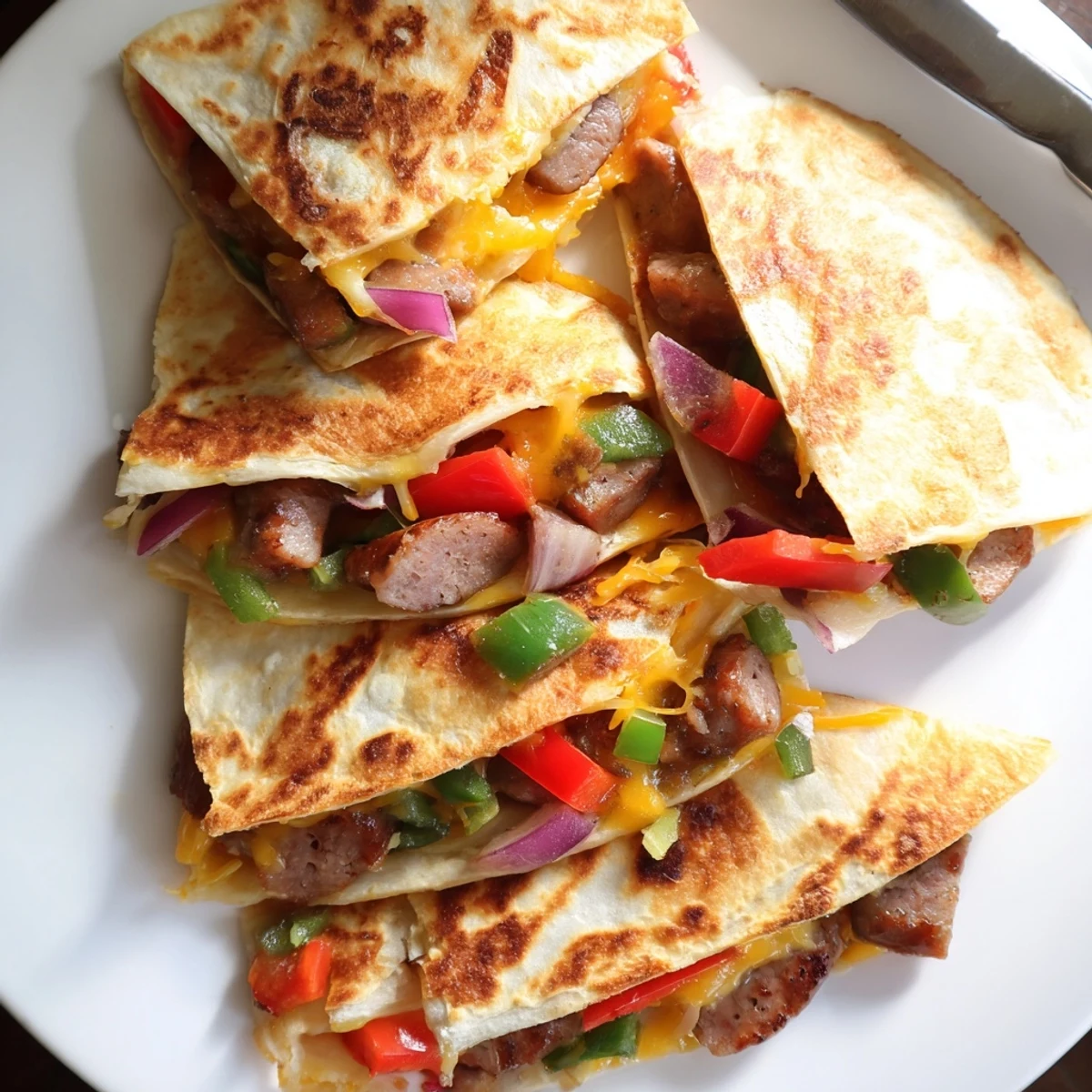 Crispy pan-fried Cajun beef sausage quesadillas topped with colorful peppers and rich melted cheese