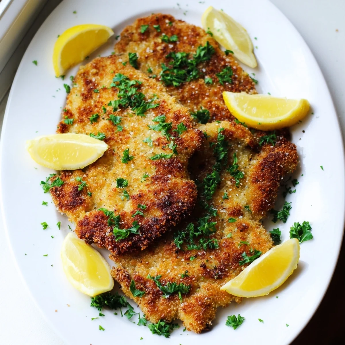 Golden crispy beef escalope Milanese with parmesan crust garnished with fresh parsley and lemon wedges