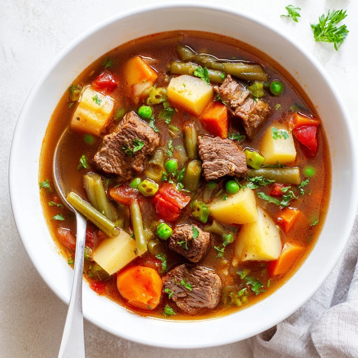 Steaming bowl of hearty braised vegetable beef soup with tender beef chunks and colorful garden vegetables in rich broth
