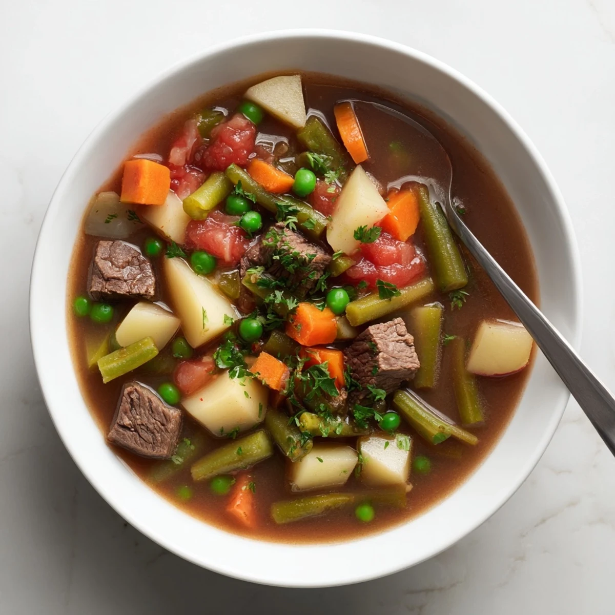 Rustic Dutch oven filled with comforting braised vegetable beef soup featuring carrots potatoes and green beans in savory stock