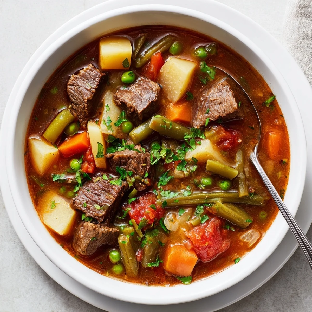 Ladle serving chunky braised vegetable beef soup topped with fresh parsley alongside crusty bread for a cozy meal