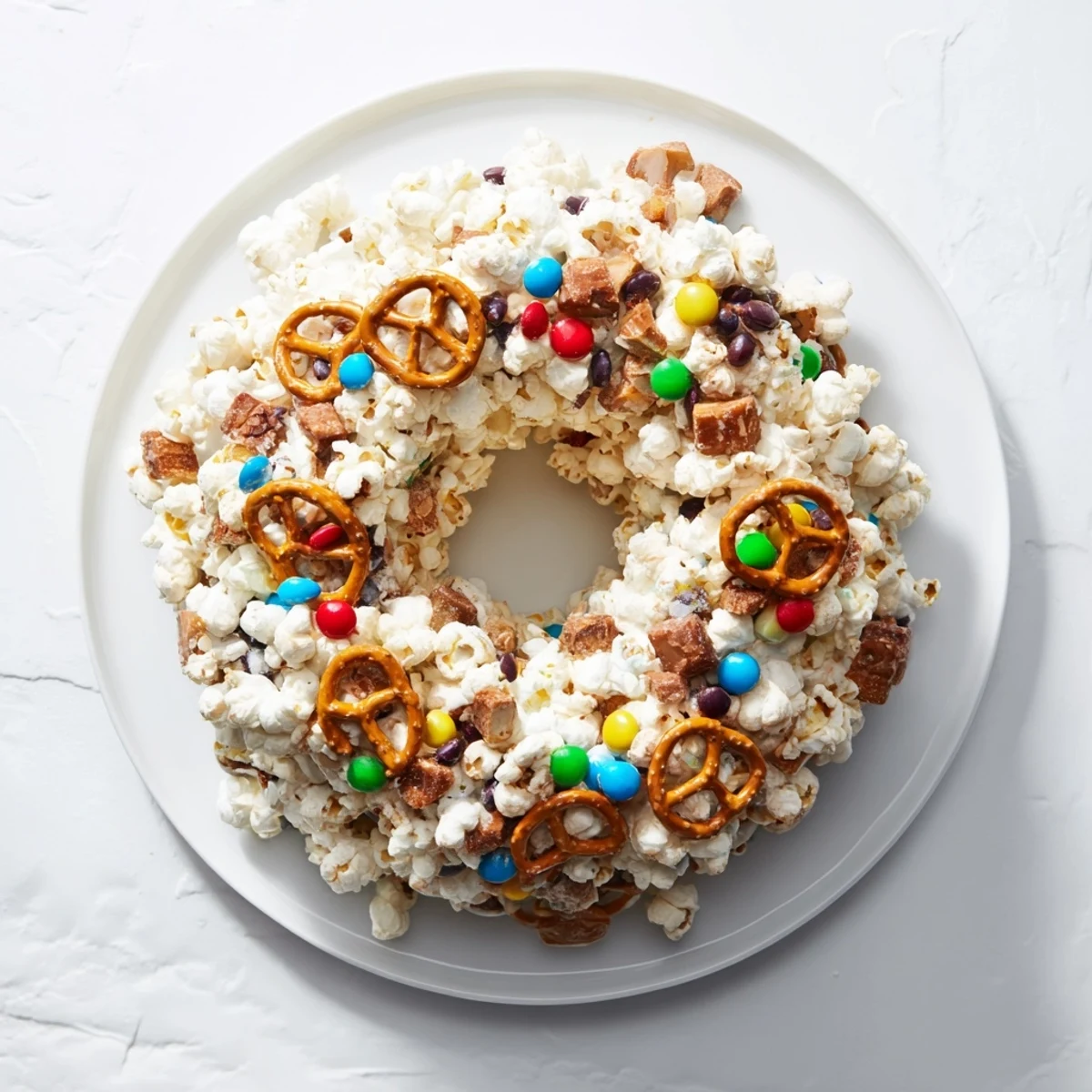 Slice of marshmallow popcorn cake showing gooey texture with chocolate candies and salty pretzels