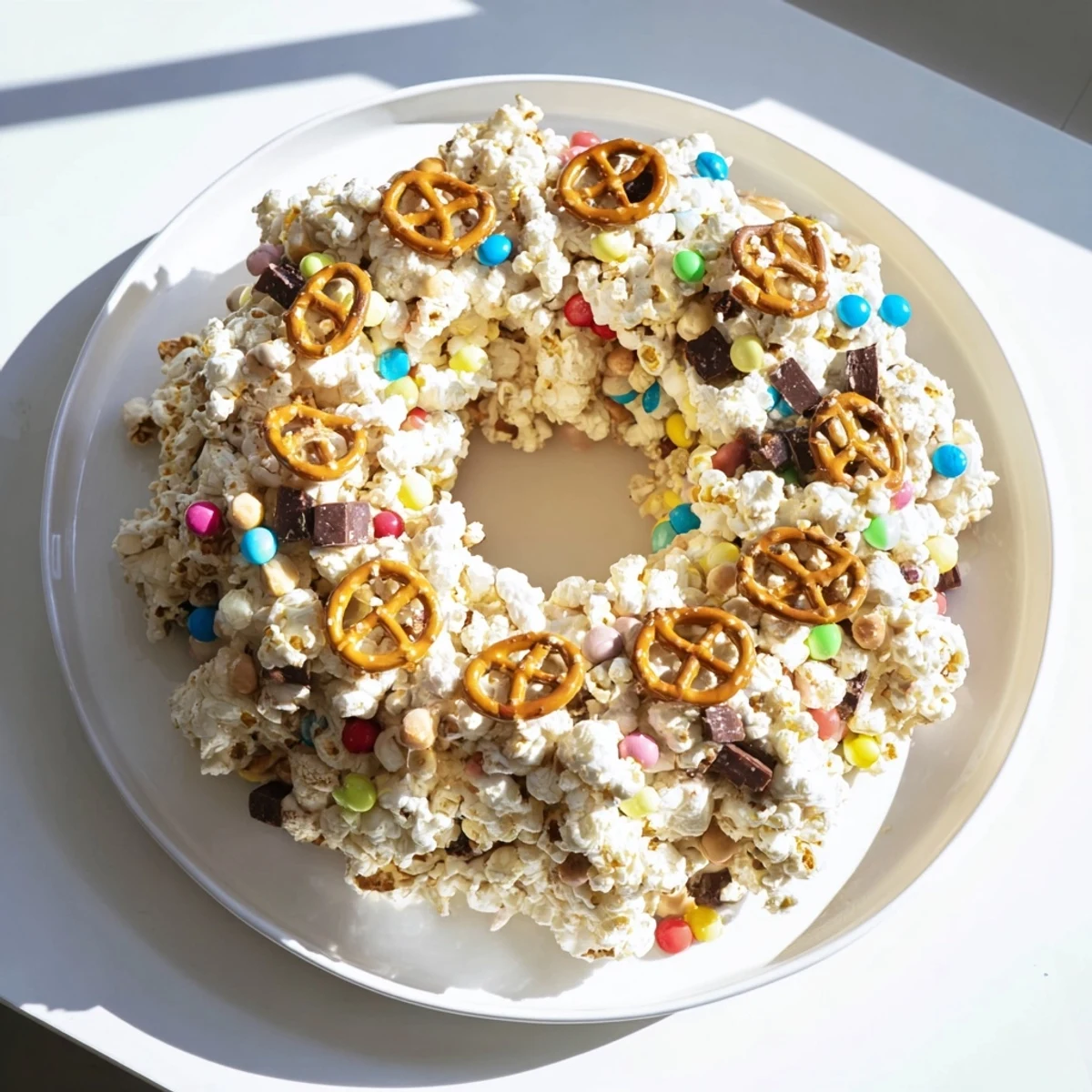 Colorful popcorn cake bundt studded with candies and pretzels on a white serving platter