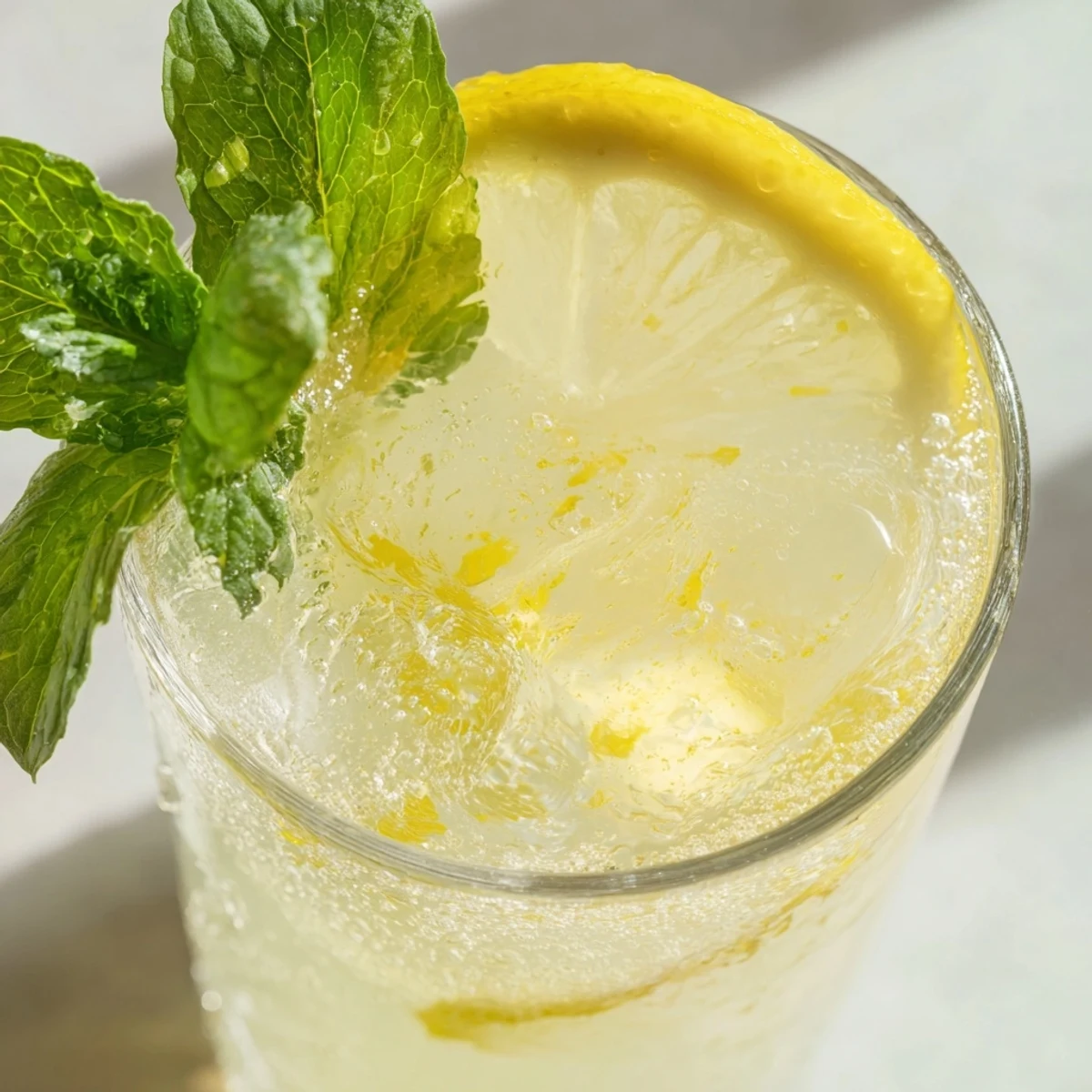 Refreshing lemonade recipe pitcher garnished with fresh mint leaves on a wooden table