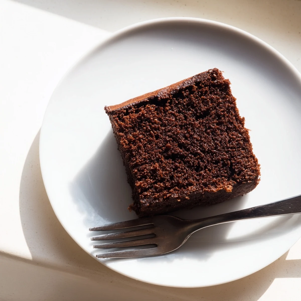 Slice of chocolate cake with mayonnaise revealing moist tender crumb topped with chocolate frosting