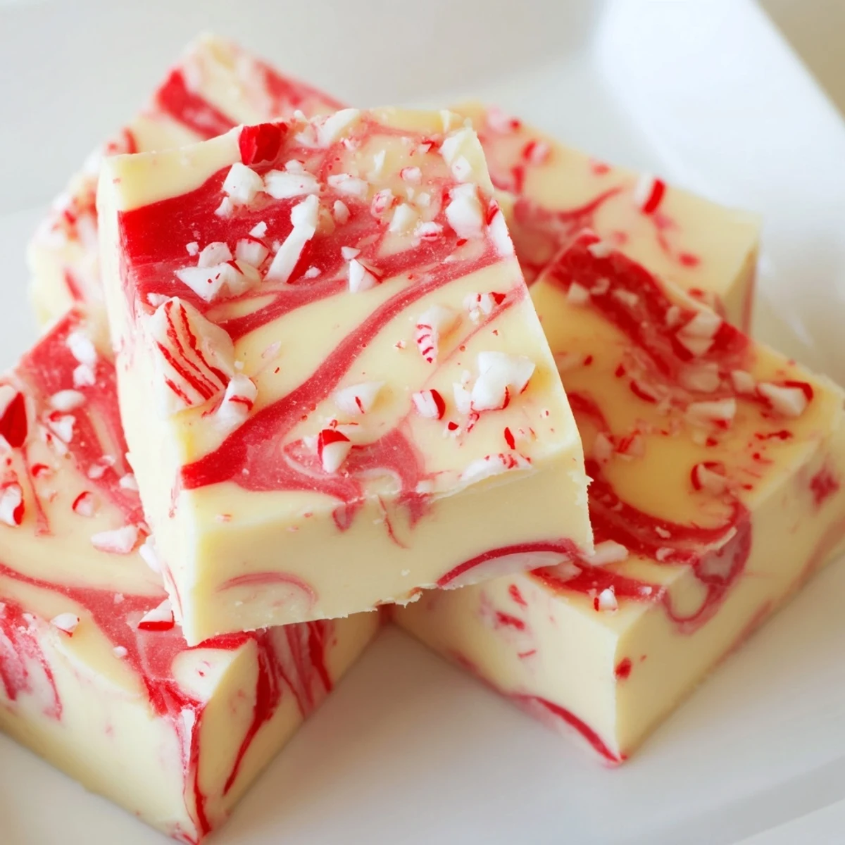 Homemade peppermint swirl fudge with red and white marbled pattern ready for holidays