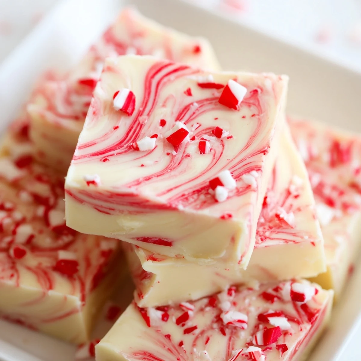 Creamy peppermint swirl fudge squares topped with crushed candy canes on white plate