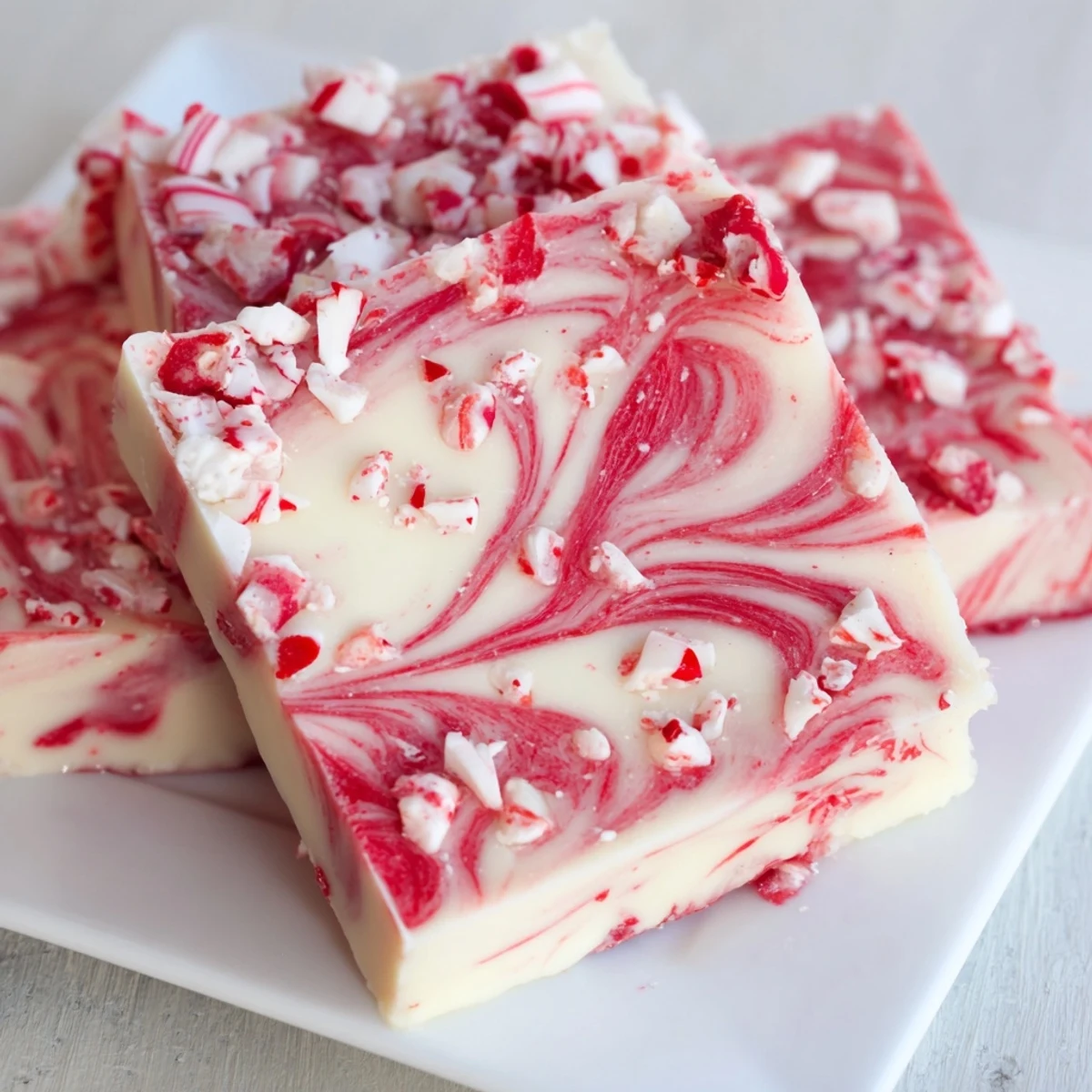 White chocolate peppermint swirl fudge pieces garnished with festive crushed peppermint candies