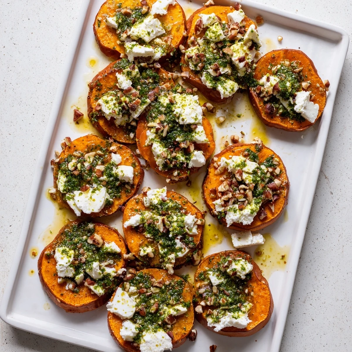 Golden roasted sweet potato rounds topped with crumbled feta and sweet honey drizzle