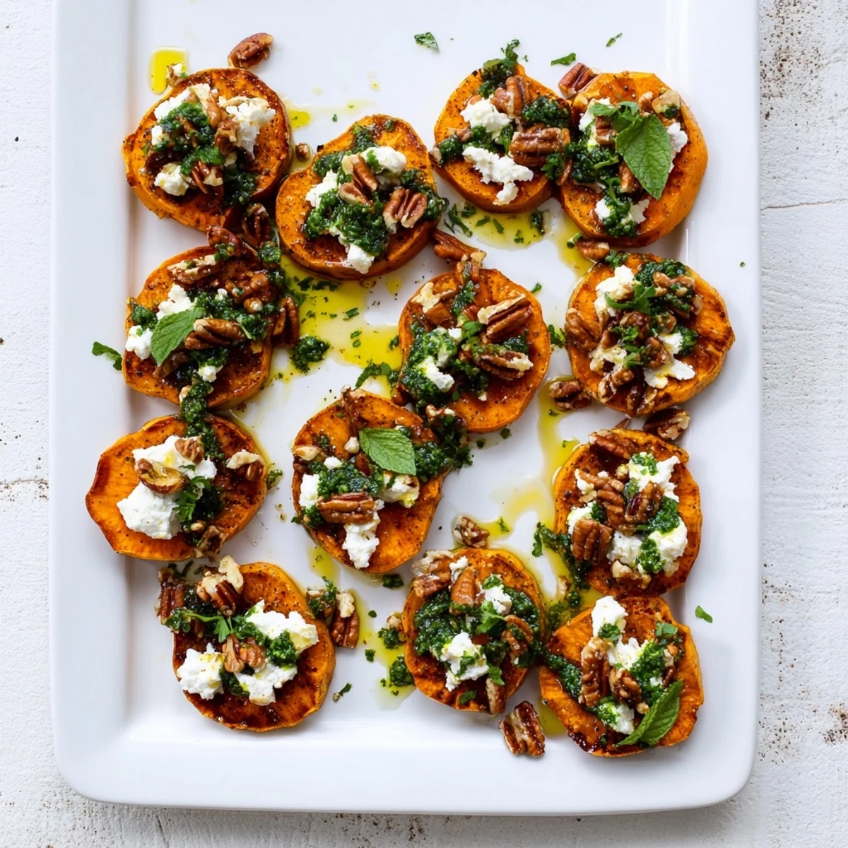 Appetizer of roasted sweet potato slices topped with creamy feta cheese and fresh herbs