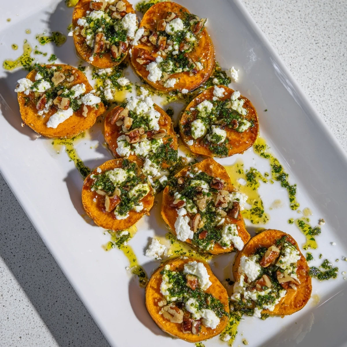 Colorful honey feta sweet potato crostini arranged on a white serving platter with herb drizzle