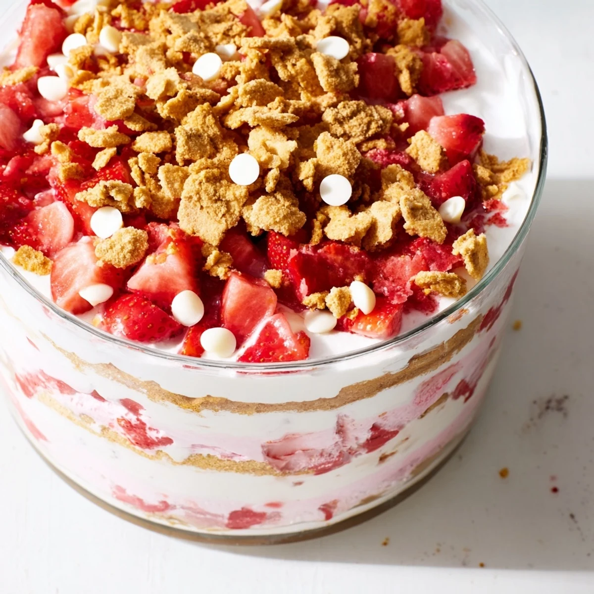 Slice of strawberry cheesecake crunch showing graham crumble topping with sweet macerated strawberry layers