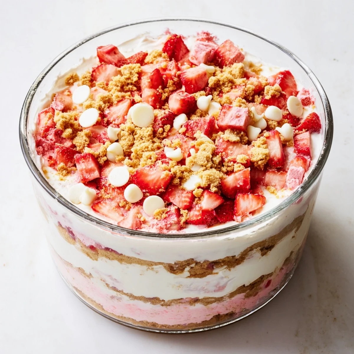 Golden strawberry cheesecake crunch dessert layered with fresh juicy berries and creamy whipped cheesecake filling