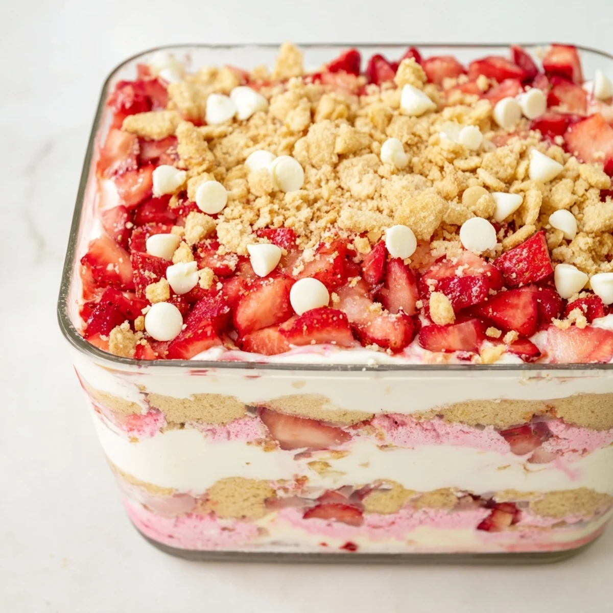 Glass jar of strawberry cheesecake crunch parfait with white chocolate chips and bright red fruit