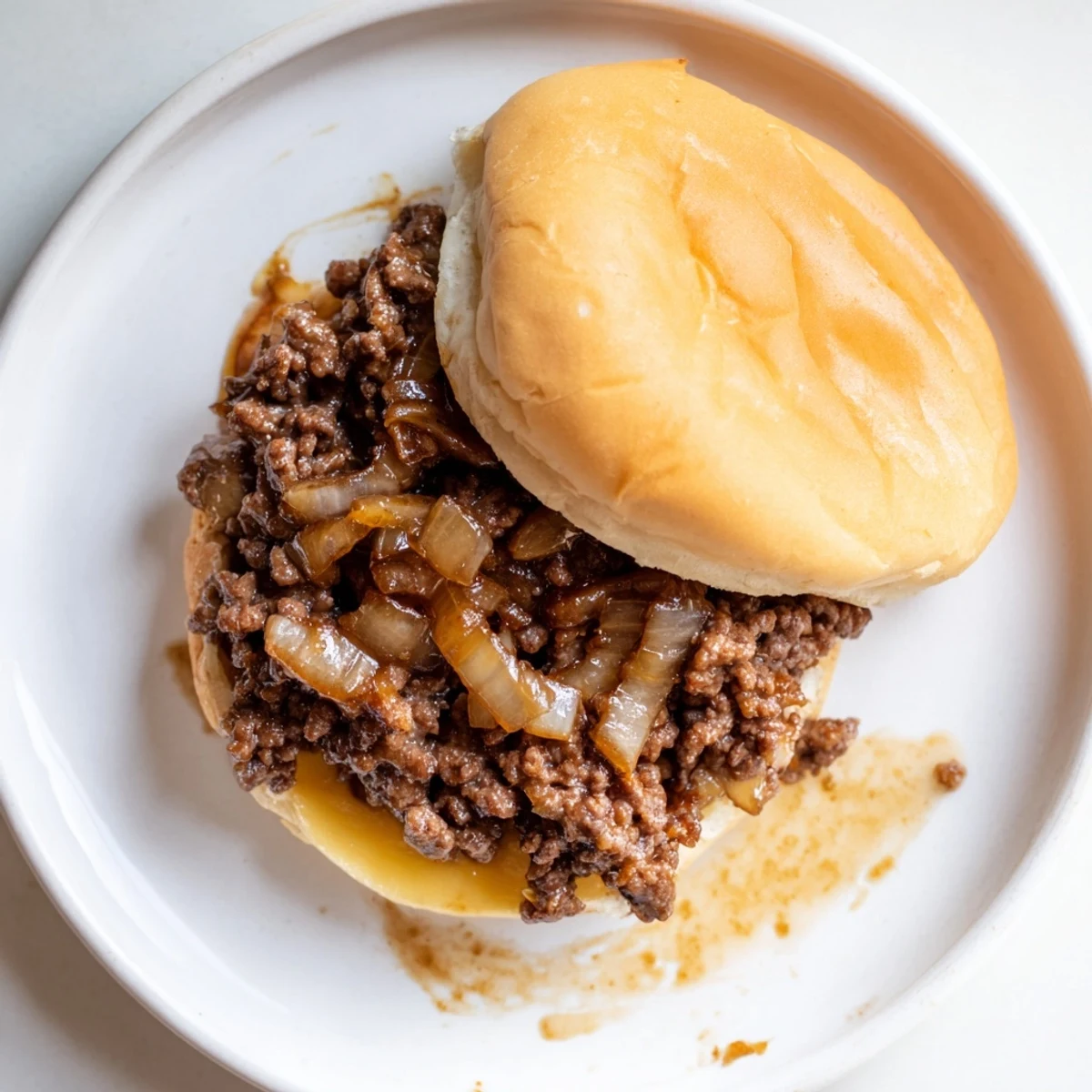 Golden caramelized onions and melted provolone atop French onion beef sloppy joes on toasted buns