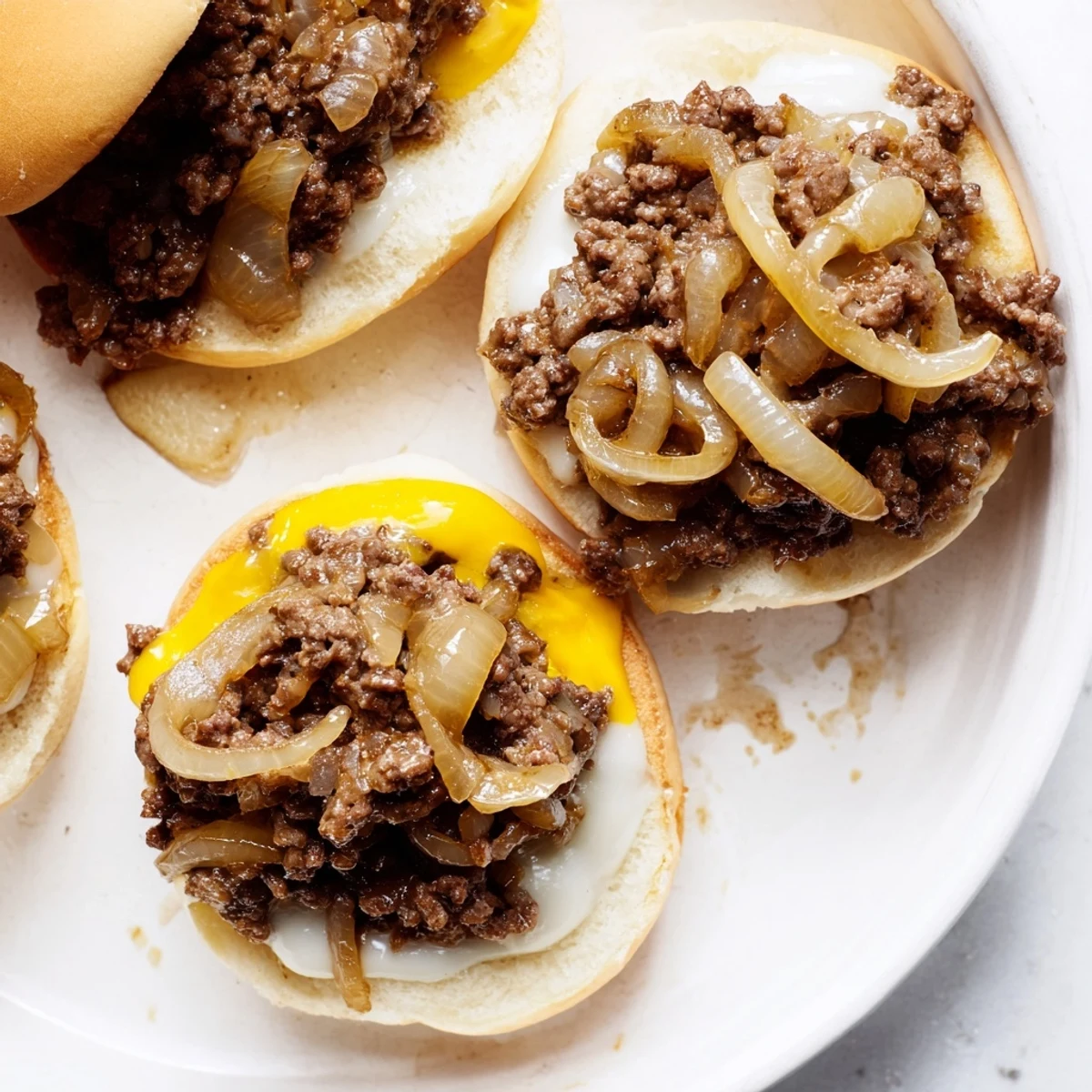 Open-faced French onion beef sloppy jones bubbling with melted cheese and sweetly browned onions