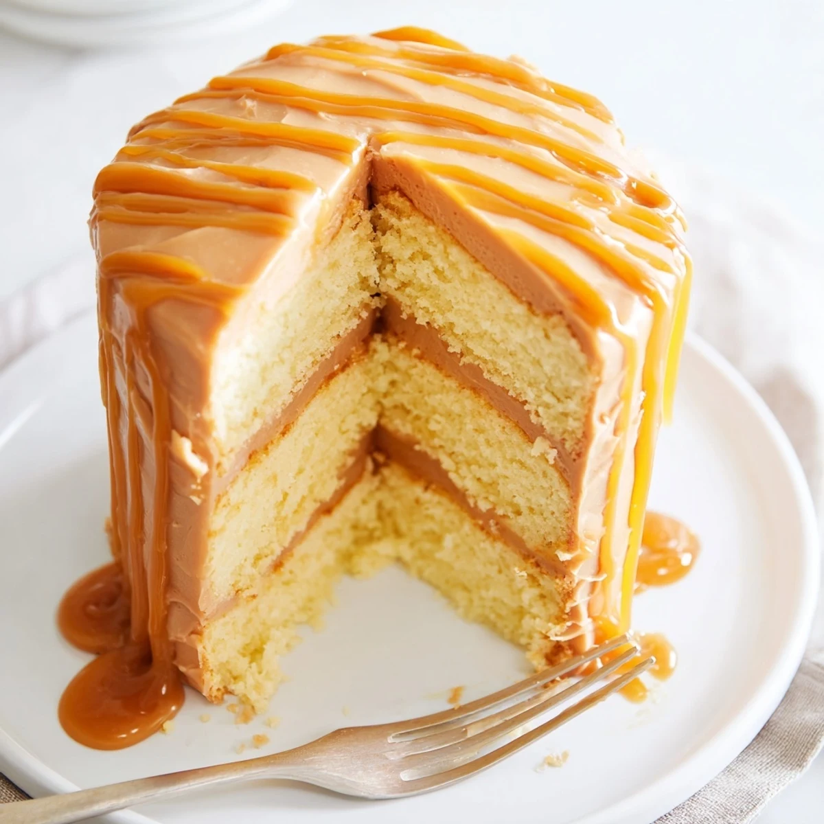 Golden homemade caramel cake with three buttery layers draped in silky caramel frosting and glossy amber drizzle