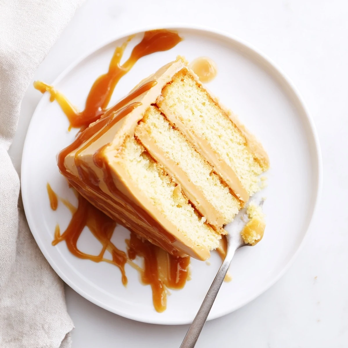 Slice of rich caramel cake revealing tender moist crumbs topped with whipped buttercream and sweet sticky glaze