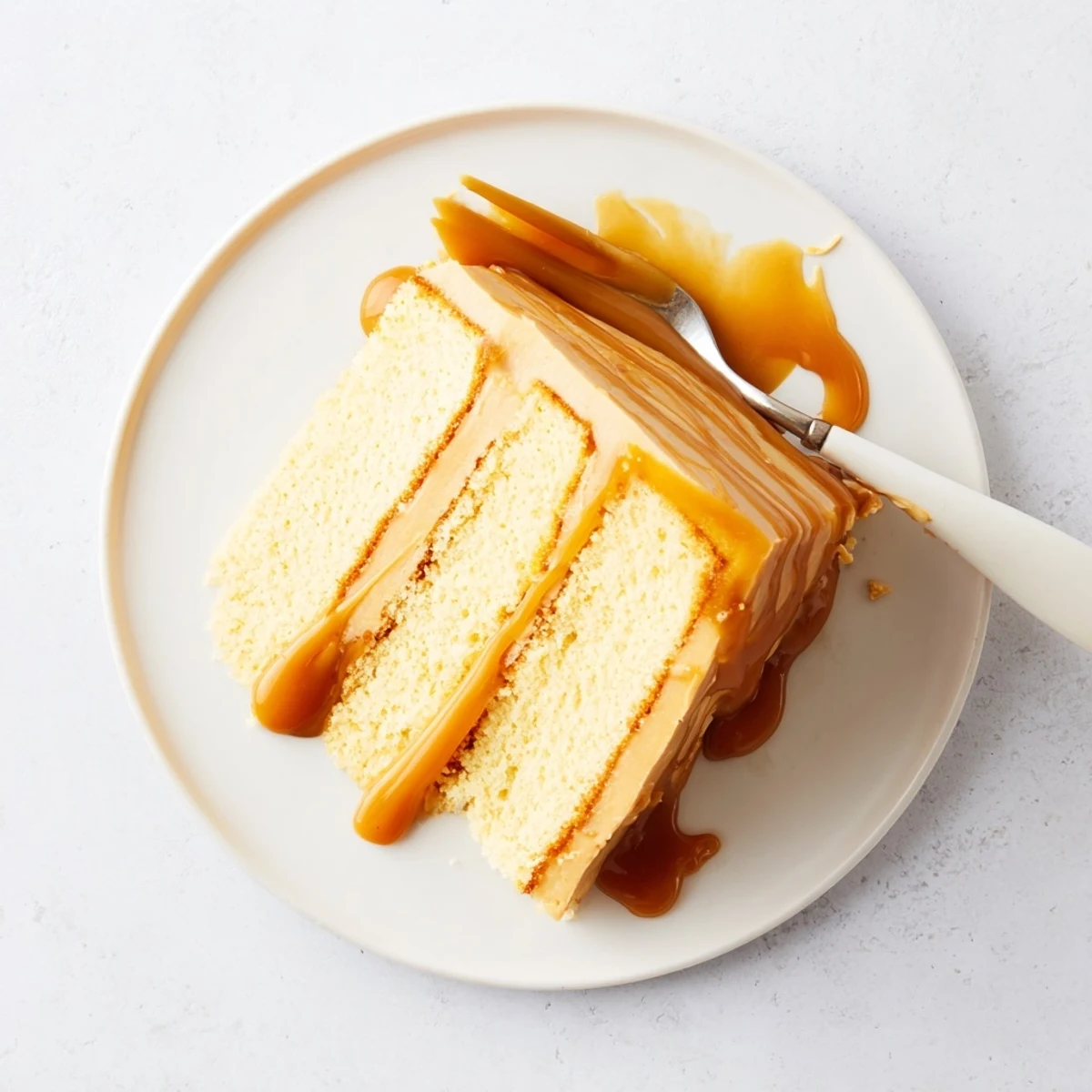 Triple layer caramel cake showcasing thick creamy frosting and warm amber sauce dripping down the sides