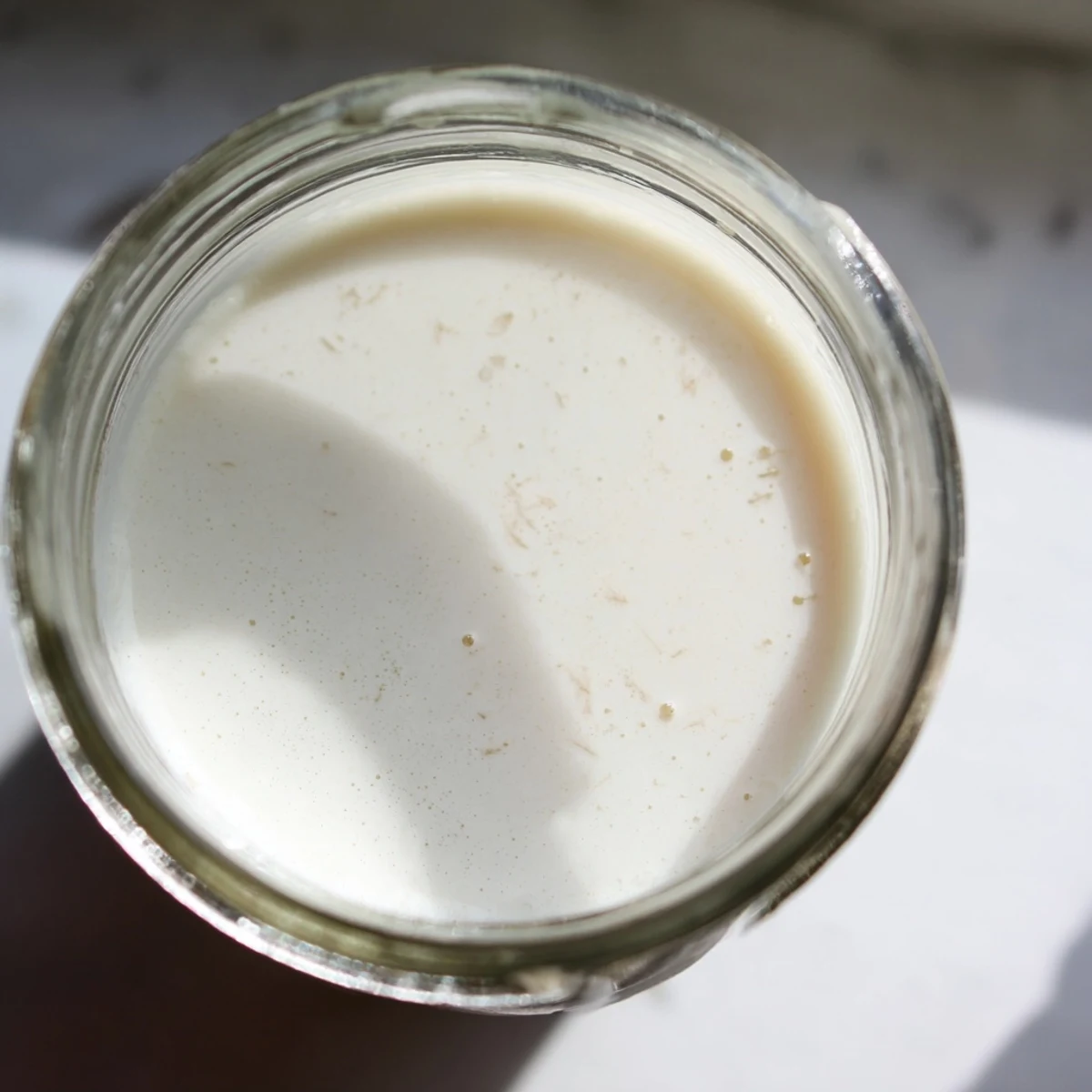 Homemade coconut milk in a glass jar with fresh shredded coconut on wooden surface