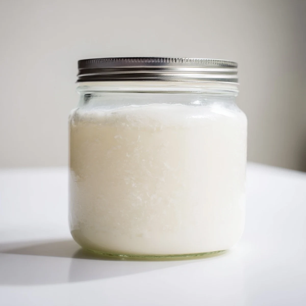 Freshly made coconut milk recipe with white pulp and water in glass pitcher