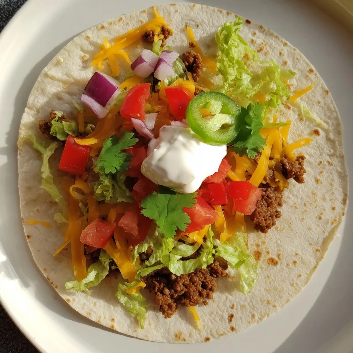 Golden brown crispy beef Blackstone smash taco with melted cheese and fresh colorful toppings