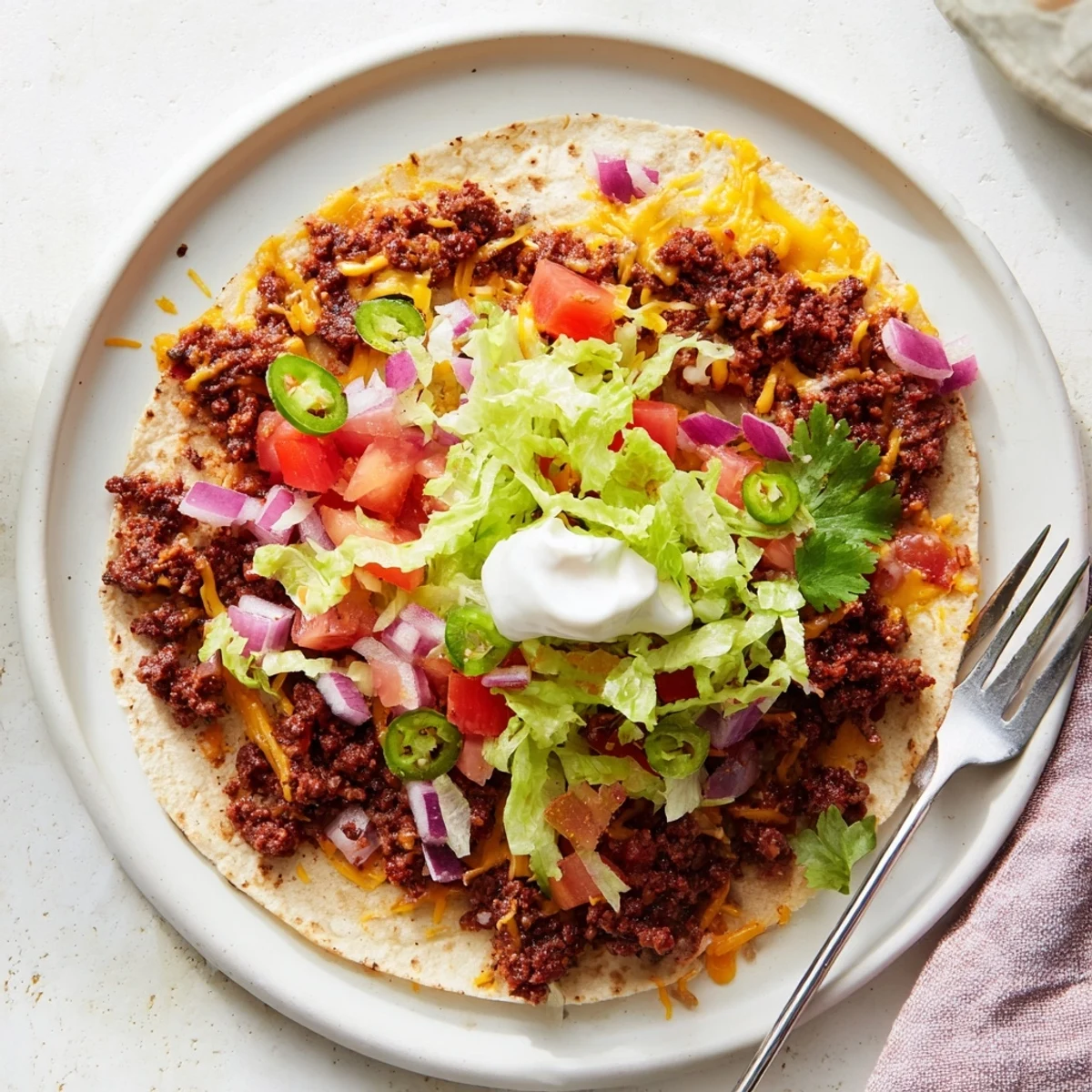 Sizzling smashed beef patty taco on griddle with bubbling cheddar cheese and crisp tortilla