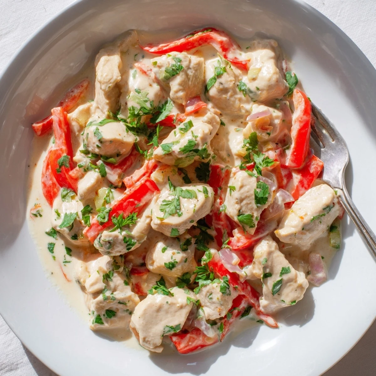 Creamy Brazilian coconut chicken with tender pieces swimming in rich white coconut sauce