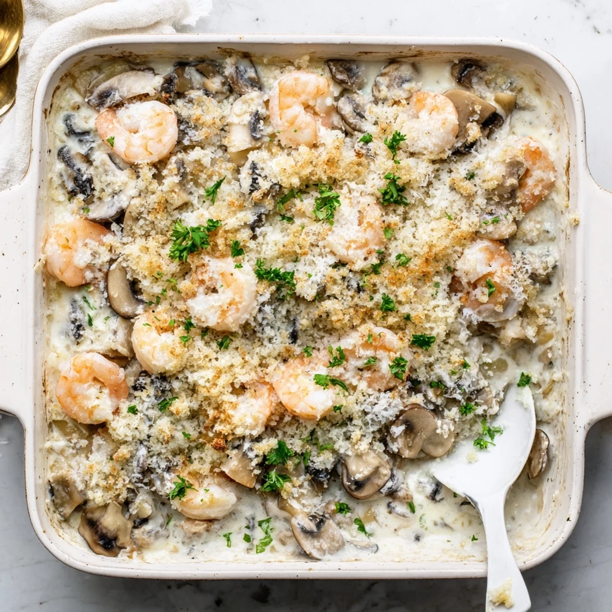Golden baked shrimp mushroom casserole with creamy sauce and crispy panko topping on a white serving plate