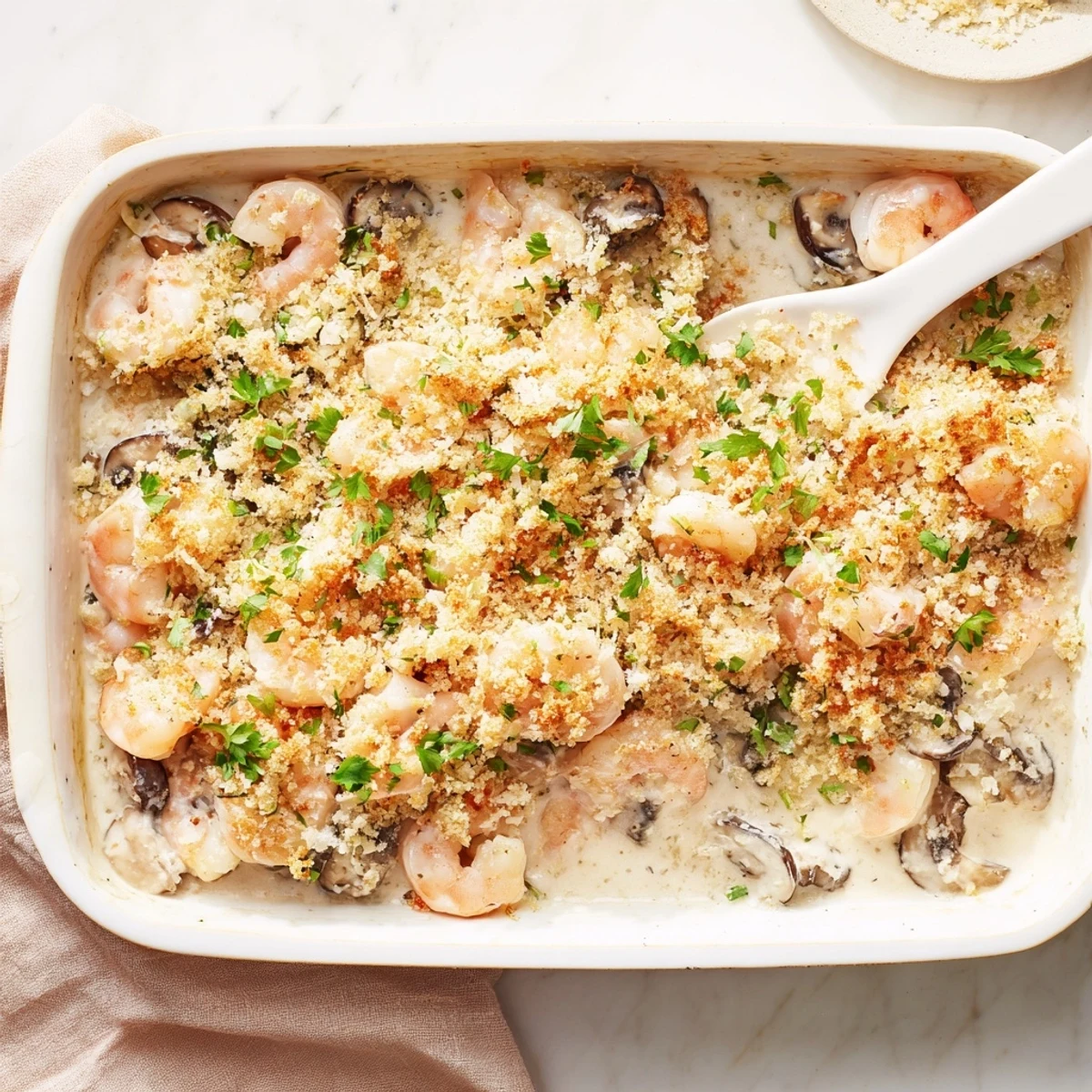 Creamy shrimp mushroom casserole bubbling hot from the oven with melted mozzarella and fresh parsley garnish