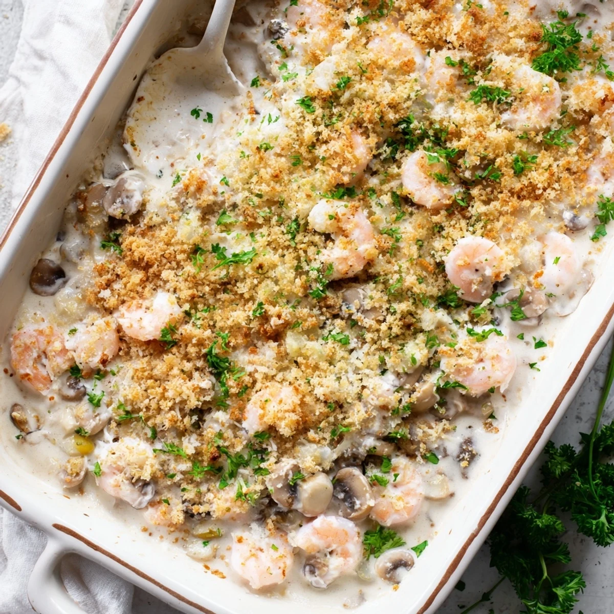 Spoonful of tender shrimp and earthy mushrooms in rich creamy sauce topped with buttery golden breadcrumbs