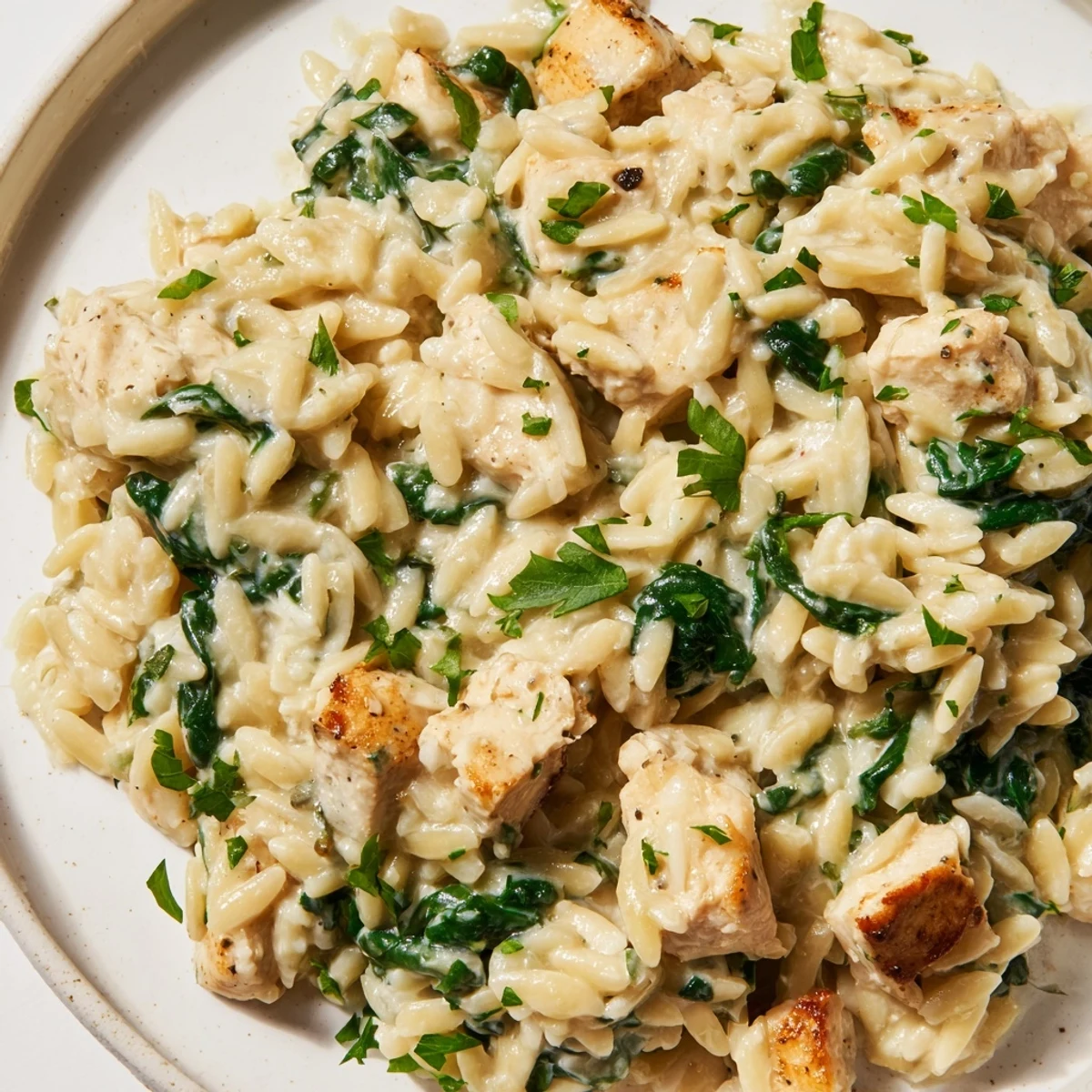 Golden brown chicken pieces simmered with orzo pasta in a rich garlic Boursin sauce