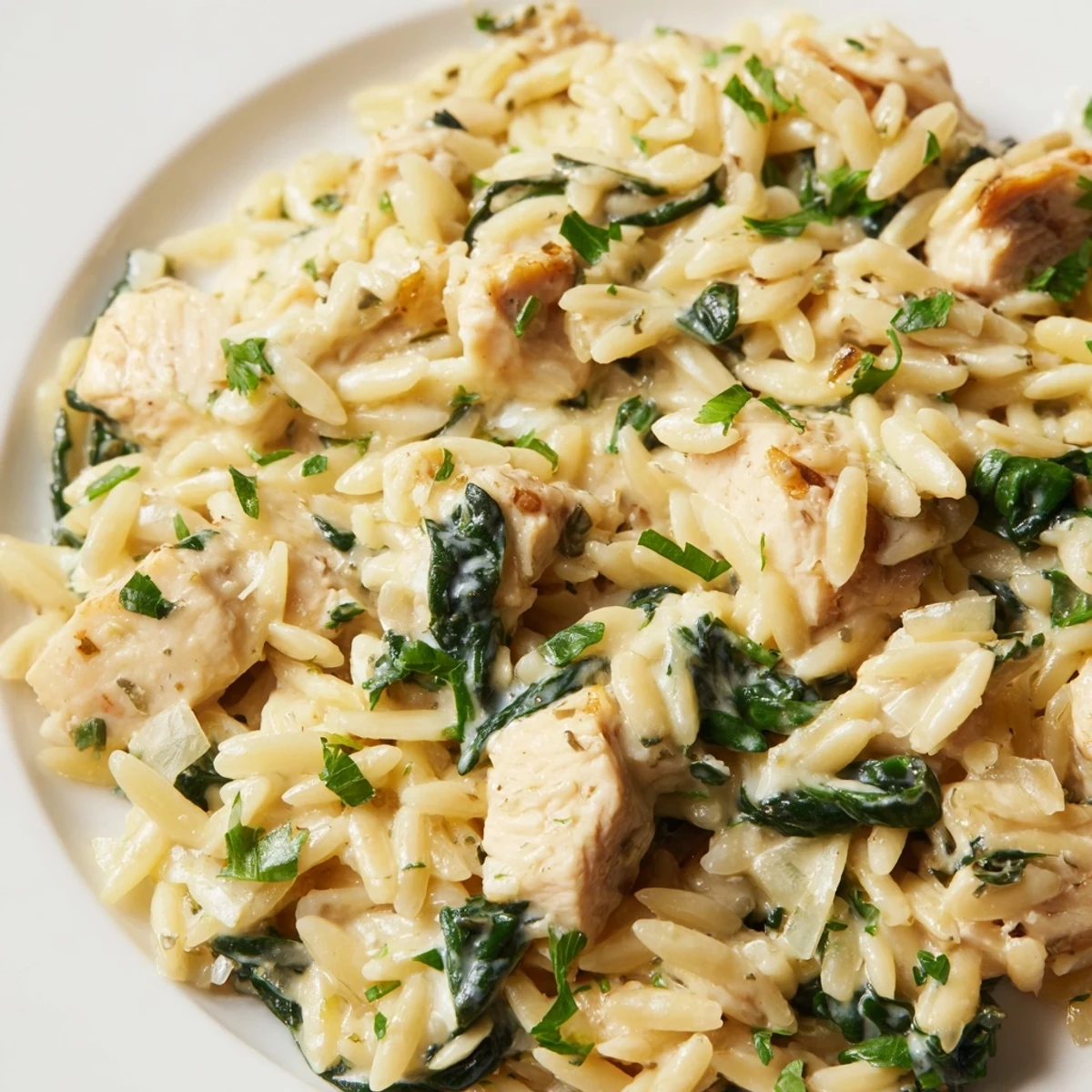 Creamy one pan Boursin chicken orzo with tender bites and fresh wilted spinach