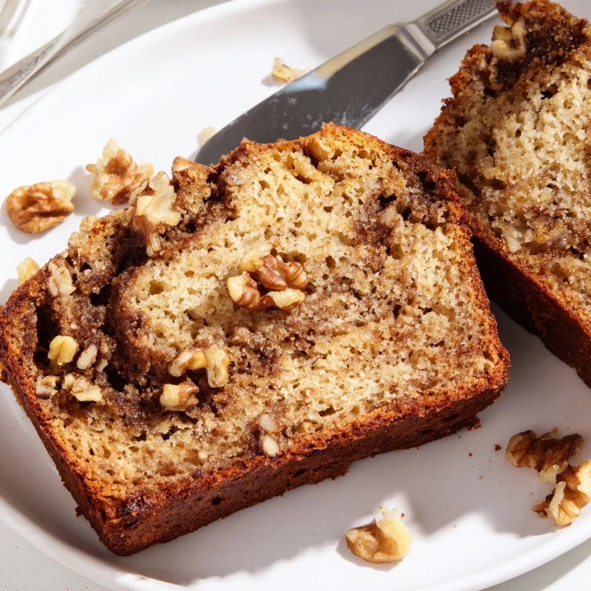 Golden banana nut bread loaf with walnuts and cinnamon swirl marbled throughout, freshly baked and cooling on a wire rack