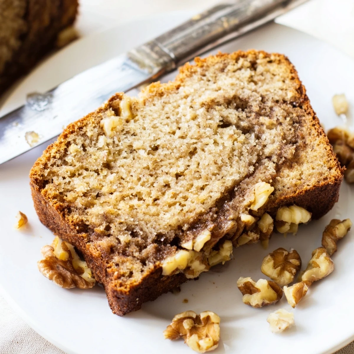 Homemade banana nut bread with walnuts and cinnamon sugar swirl, ready for breakfast with melting butter on top