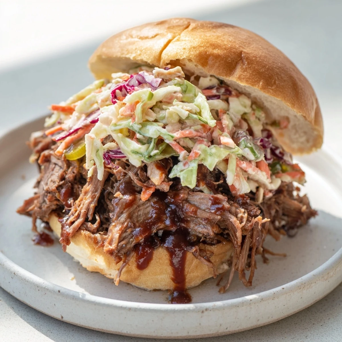 Tender BBQ pulled beef sliders piled high on toasted brioche buns with crisp coleslaw
