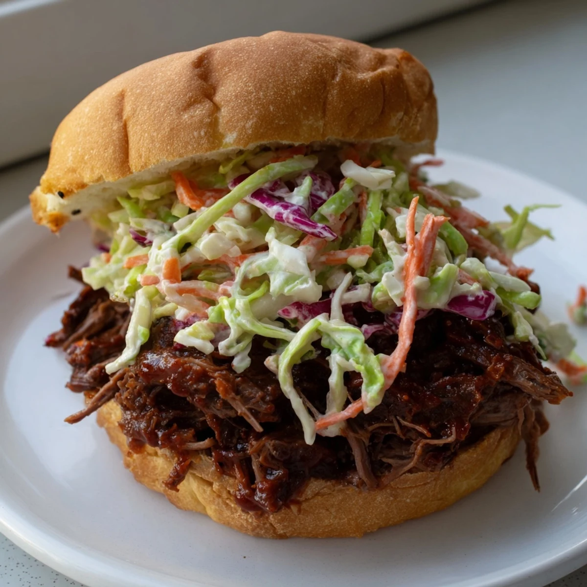 Smoky BBQ pulled beef sliders topped with colorful crunchy coleslaw on golden brioche buns