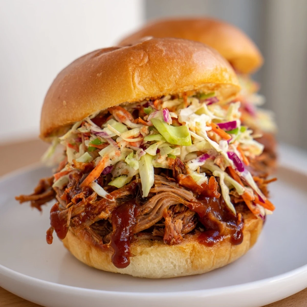 Homemade BBQ pulled beef sliders featuring shredded beef and fresh coleslaw on soft buns